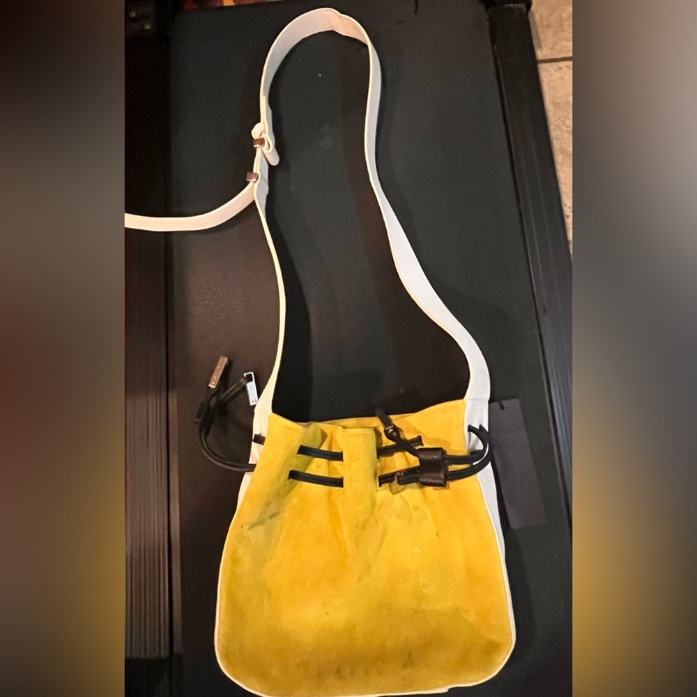 Halston Heritage Yellow Suede Drawstring Tote with White Strap
